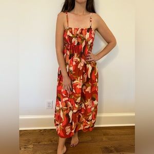 Red floral dress with rutched top